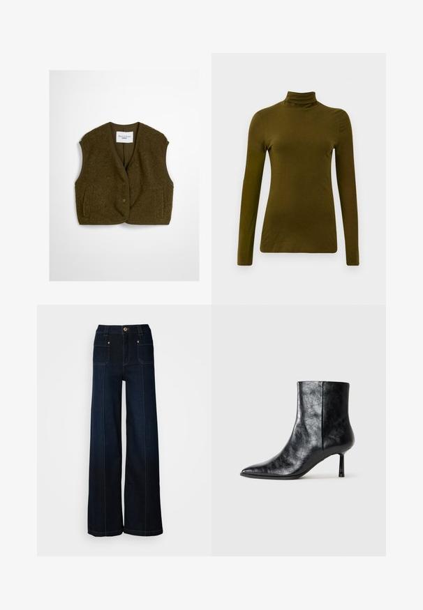 Olive roheline vest, mis on valmistatud pehmest kangast, ümara kaelusega, esikinnitusnuppudega ja kahe küljetaskuga. Pehme tekstuur, ilma varrukateta.; Pikemate, oliivroheline kaeluspluus, mis on valmistatud pehmest kangast, ja millel on sobiv siluett ning lihtne, minimalistlik disain.; Laia lõikega tumesinised teksapüksid. Omavad ees taskuid, kuldse värviga riistvara ja kontrastset õmblust. Sile tekstuur ja lõdva kujundusega.; Must musta ankle boot terava varvas ja õhukese, lühikese kontsaga. Omab tekstuurset pinna ja puhtat disaini sujuva külje detailiga.