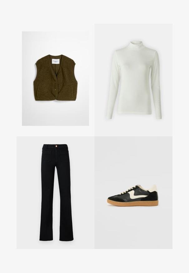 Olijfgroen vest gemaakt van fluffy stof, met een ronde halslijn, voortknopen en twee zijzakken. Zachte textuur zonder mouwen.; Lange mouwen turtleneck-top in lichtcrème, gemaakt van een soepele, rekbare stof. Verstelbaar ontwerp met een geribbeld patroon bij de halslijn.; Zwarte hoge taille straight-leg jeans met voorzakken en een koperen knoopsluiting op een neutrale achtergrond.; Zwarte suède en leren sneaker met een crèmekleurige zij-swoosh en lichte crèmekleurige hiel. Voorzien van beige veters en een gumrubberen zool.