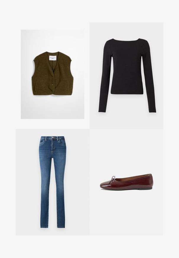 Olive roheline vest, mis on valmistatud pehmest kangast, ümara kaelusega, esikinnitusnuppudega ja kahe küljetaskuga. Pehme tekstuur, ilma varrukateta.; Must have pikad varrukad ja ruudukujuline kaelus. Valmistatud pehmest ja sileda materjalist, omab sobivat disaini ning minimaalset õmbluse detaili.; Sinine teksapüksid, millel on sirge lõige, viis taskut, nööbi ja lukuga sulgemine ning kulunud pesu koos tagasihoidlike vabriku detailidega.; Burgundi patendnahk kingad balletitüüpi, ümmarguse ninaosa, ees väike paelaaktsent ja madal must kummist tald. Sile tekstuur.