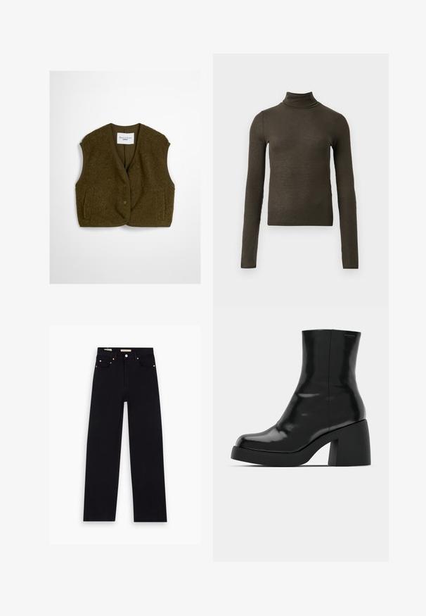 Gilet vert olive en tissu moelleux, avec un col rond, des boutons à l'avant et deux poches latérales. Texture douce et sans manches.; Haut à col roulé à manches longues de couleur vert olive foncé, à côtes, avec une coupe slim et une longueur légèrement raccourcie, sur fond clair.; Jean en denim noir avec une coupe droite, cinq poches, matériel en cuivre et texture lisse. Deux étiquettes visibles sur la taille.; Bottines noires à finition brillante, bout carré et épais talon bloc. Le design présente une silhouette homogène et un branding minimal.