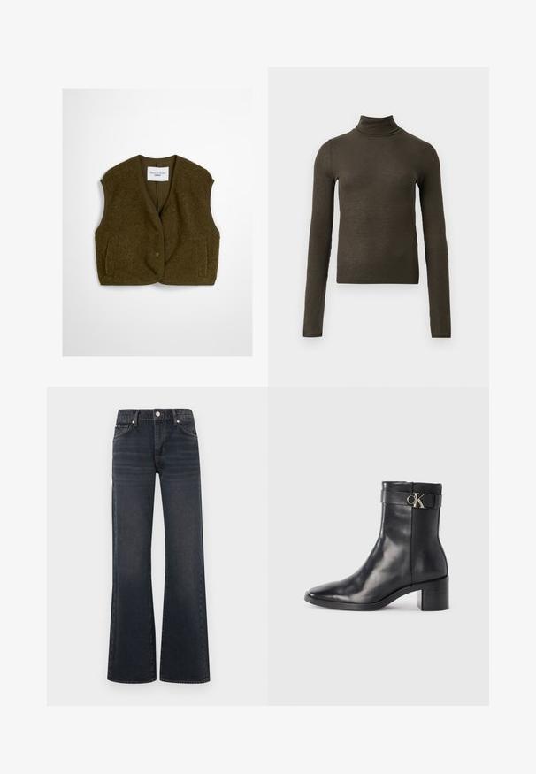 Olivengrøn vest lavet af fluffy stof, med rund halsudskæring, frontknapper og to sidelommer. Blød tekstur uden ærmer.; Mørkeoliven grøn ribbet langærmet turtleneck bluse med slank pasform og let cropped længde på ensfarvet lys baggrund.; Mørkeblå vide jeans lavet af denim med høj talje, forlommer, bæltestropper og en synlig metalknap til lukning.; Sort læder ankelstøvle med spids tå, blokhæl og en rem med en metallisk logo detalje. Glat tekstur og minimalistisk design.