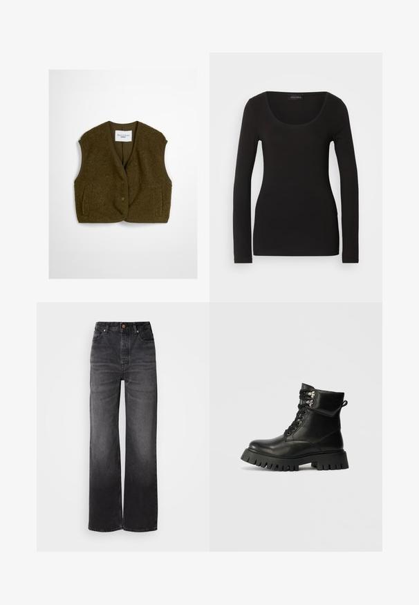 Gilet vert olive en tissu moelleux, avec un col rond, des boutons à l'avant et deux poches latérales. Texture douce et sans manches.; Haut noir à manches longues avec un décolleté en U, fabriqué en tissu doux et extensible. Présente une forme ajustée et une texture lisse. Étiquette de marque visible.; Jeans en denim noir évasés à taille haute, cinq poches, fermeture à bouton et texture légèrement décolorée. Tissu épais avec une coupe structurée.; Bottines noires en cuir avec un bout arrondi, un laçage, des accents en métal argenté et une semelle en caoutchouc épaisse et crantée.