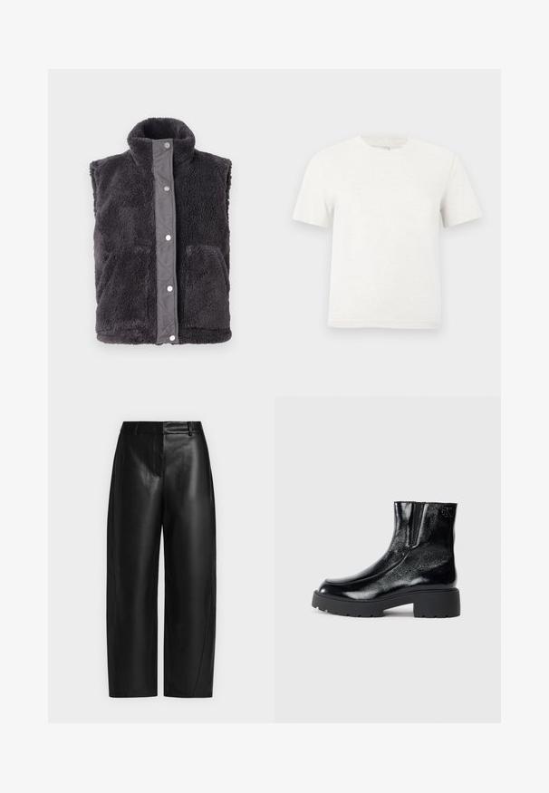 Chaleco sin mangas de felpa gris oscuro, con un cuello alto y cierre de botones a presión, que cuenta con dos bolsillos frontales. Material suave y texturizado.; Camiseta blanca lisa de algodón con mangas cortas, cuello redondo y un sutil logotipo bordado centrado en el pecho.; Pantalones negros de cuero sintético con cintura alta, piernas anchas, presillas para cinturón y cierre frontal oculto sobre un fondo claro y liso.; Botines negros con acabado de charol brillante, suela de goma negra gruesa y tacón elevado; incluye un sutil detalle del logo en el lateral.