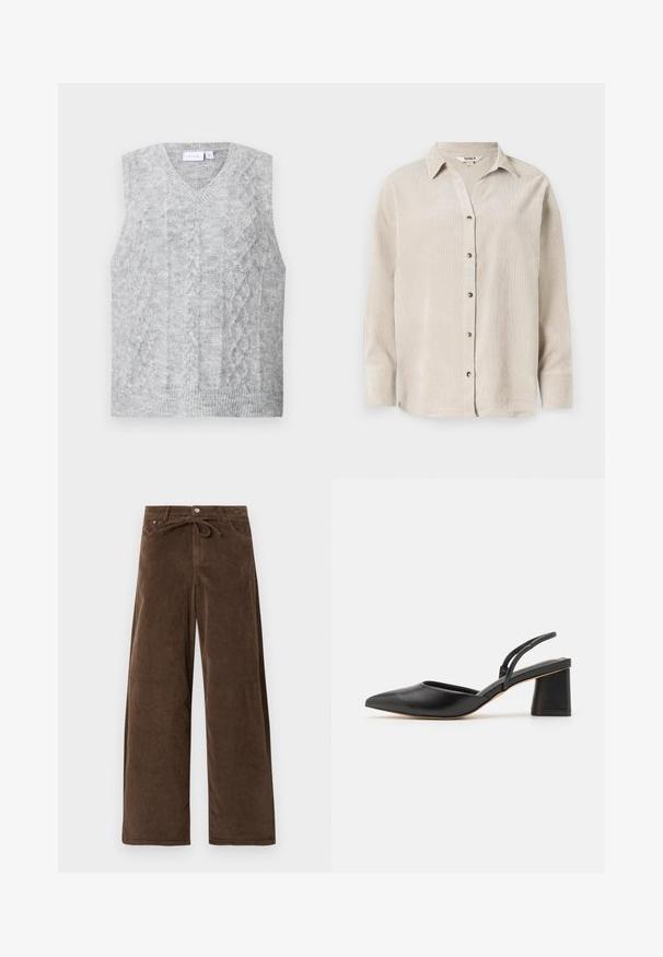 Grå ærmeløs sweater med v-hals, der har et kabelstrikket mønster. Blød tekstur og ribbet nederkant. Minimalistisk design uden udsmykning.; Lys beige langærmet skjorte med knaplukning fortil, afslappet pasform og et struktureret stof. Har en klassisk krave og synlige knapper.; Brune brede corduroy bukser med en frontknap og et bundet stofbælte i taljen, der har frontlommer.; Sort lædersko med slingback, spids tå, lav blokhæl og minimalistisk design med tynde remme og glat tekstur.