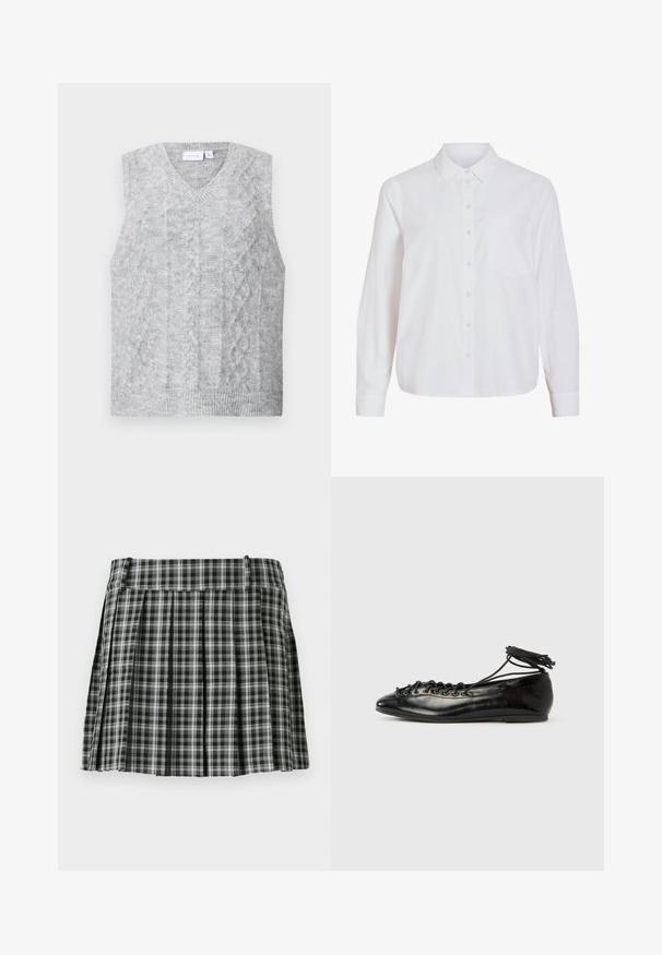 Suéter gris sin mangas con escote en V, que presenta un patrón de punto trenzado. Textura suave y dobladillo acanalado. Diseño minimalista sin adornos.; Camisa blanca de manga larga, con cierre de botones en la parte delantera, cuello clásico, un bolsillo en el pecho, confeccionada con una tela lisa y ligera, con un ajuste relajado.; Falda plisada de cuadros en blanco y negro con una cintura suave y múltiples pliegues verticales. Fabricada en un tejido ligero.; Zapatos planos tipo ballet de charol negro con punta redondeada, diseño con cordones y suela plana. Textura lisa con detalles mínimos.