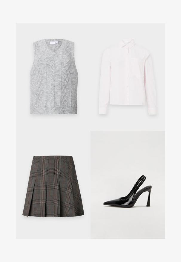 Suéter gris sin mangas con escote en V, que presenta un patrón de punto trenzado. Textura suave y dobladillo acanalado. Diseño minimalista sin adornos.; Camisa de botonera de manga larga color rosa claro, con cuello y un bolsillo en el pecho, presentada sobre un fondo blanco.; Falda de cuadros gris con pliegues, con intrincados patrones en blanco y negro, acentuados por delgadas líneas rojas. Está hecha de una tela estructurada.; Zapato de tacón con tirante en negro de charol, punta afilada, tacón alto y delgado, y doble tira elástica para un ajuste seguro. Superficie suave y brillante.