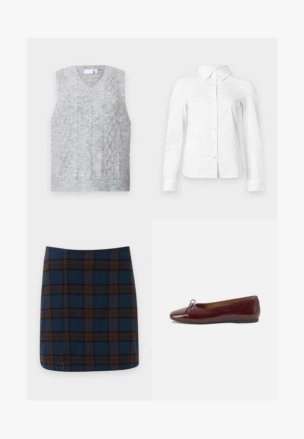 Grijze mouwloze trui met een v-hals, met een kabelbrei patroon. Zachte textuur en ribbelzoom. Minimalistisch ontwerp zonder versieringen.; Witte blouse met lange mouwen en knopen, met puntige kraag, rechte zoom en aansluitende silhouet, weergegeven op een effen lichte achtergrond.; Donkerblauwe geruite mini-jurk met bruine en grijze lijnen, gemaakt van een gladde stof, met een subtiele split aan de achterkant voor gemakkelijke beweging.; Bordeaux gepatenteerd lederen ballerina met een ronde neus, een klein strikaccent aan de voorkant en een lage, zwarte rubberen zool. Glad textuur.