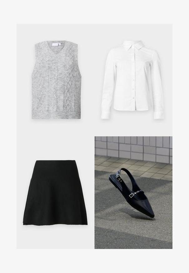 Suéter gris sin mangas con escote en V, que presenta un patrón de punto trenzado. Textura suave y dobladillo acanalado. Diseño minimalista sin adornos.; Camisa blanca de manga larga con botones, cuello puntiagudo, bajo recto y silueta ajustada, presentada sobre un fondo claro y liso.; Falda skater negra hecha de tela suave, diseño acampanado con una textura lisa, cuenta con una cintura alta y un corte por encima de la rodilla.; Zapato plano negro de punta puntiaguda con tiras de doble hebilla y talón descubierto, descansando sobre asfalto gris cerca de una pared con azulejos.