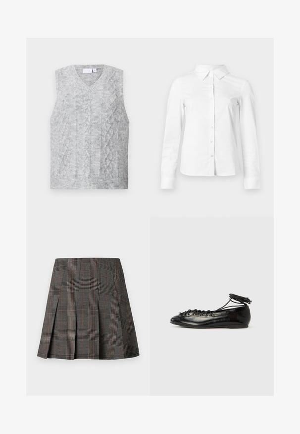 Grå ærmeløs sweater med v-hals, der har et kabelstrikket mønster. Blød tekstur og ribbet nederkant. Minimalistisk design uden udsmykning.; Hvid skjorte med lange ærmer, knapper, spids krave, lige kant og tætsiddende silhuet, vist på en ensartet lys baggrund.; Gråternet nederdel med plisseringer, prydet med intrikate mønstre i sort og hvid, akkompagneret af tynde røde linjer. Fremstillet af et struktureret stof.; Sorte balletflade sko i laklæder med rundet tå, snørelukning og flad sål. Glat tekstur med få detaljer.