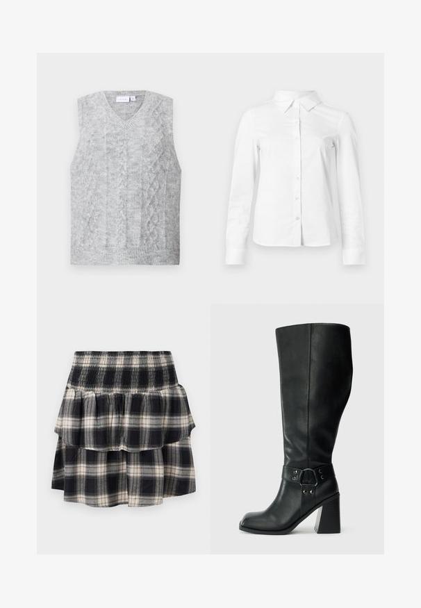 Grijze mouwloze trui met een v-hals, met een kabelbrei patroon. Zachte textuur en ribbelzoom. Minimalistisch ontwerp zonder versieringen.; Witte blouse met lange mouwen en knopen, met puntige kraag, rechte zoom en aansluitende silhouet, weergegeven op een effen lichte achtergrond.; Zwart-wit geruite tiered rok met smock tailleband. Heeft gerimpelde lagen en een zachte katoentextuur.; Kniehoge zwarte leren laarzen met een vierkante neus, brede hak en een decoratieve band met metalen accenten rond de enkel. Gladde textuur.