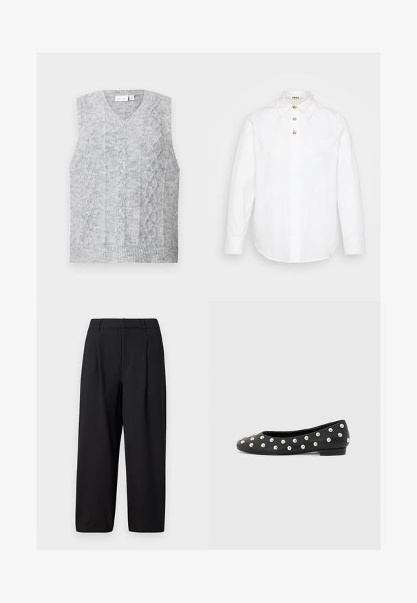 Grå ærmeløs sweater med v-hals, der har et kabelstrikket mønster. Blød tekstur og ribbet nederkant. Minimalistisk design uden udsmykning.; Hvid langærmet skjorte lavet af bomuld, med klassisk krave og fem knapper i guldfarve ned foran. Glat tekstur, skræddersyet pasform.; Sorte bukser med en afslappet pasform, plisseret front, glat talje og blød tekstur. Klippet til en cropped længde, velegnet til både formelt og afslappet brug.; Sort flad sko med sølvfarvede runde nitter jævnt fordelt over overfladen, lav hæl og rundet tå, vist fra siden mod hvid baggrund.
