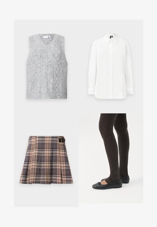 Suéter gris sin mangas con escote en V, que presenta un patrón de punto trenzado. Textura suave y dobladillo acanalado. Diseño minimalista sin adornos.; Camisa blanca de manga larga con botones, cuello puntiagudo, puños estándar y dobladillo recto sobre un fondo claro y liso.; Falda de cuadros en colores gris, beige y óxido; cuenta con pliegues, un detalle de hebilla y un diseño estructurado. Confeccionada con una tela tejida.; Piernas con leggings oscuros acanalados combinados con bailarinas negras que presentan pequeños detalles de lazo sobre un fondo blanco.