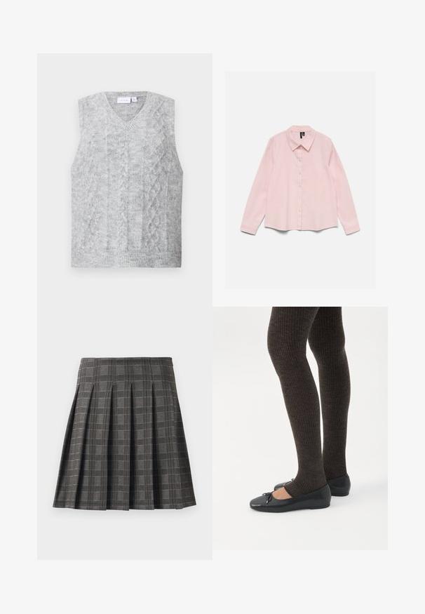 Grå ærmeløs sweater med v-hals, der har et kabelstrikket mønster. Blød tekstur og ribbet nederkant. Minimalistisk design uden udsmykning.; Langærmet lyserød skjorte med knapper og krave, lagt fladt på en hvid baggrund.; Plisseret nederdel i et gråt ternet mønster, lavet af et tekstureret stof. Har lodrette pliser og en lige kant.; Ben iført mørke ribbede leggings kombineret med sorte balletsko med små sløjfedetaljer på hvid baggrund.