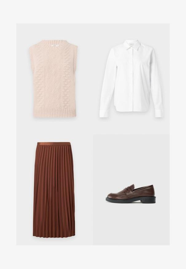 Beige gebreid mouwloos trui met kabel- en bobbelsteek patronen en een geribde ronde halslijn en zoom.; Witte button-up shirt gemaakt van katoen. Heeft een klassieke kraag, lange mouwen en een ontspannen pasvorm. Geen zichtbare patronen of accenten.; Bruine midi-rok met plooien en elastische tailleband, plat hangend tegen een witte achtergrond.; Bruine leren loafers met een ronde neus, voorzien van een decoratieve band over de bovenkant, en een lage, getextureerde zwarte rubberen hak.