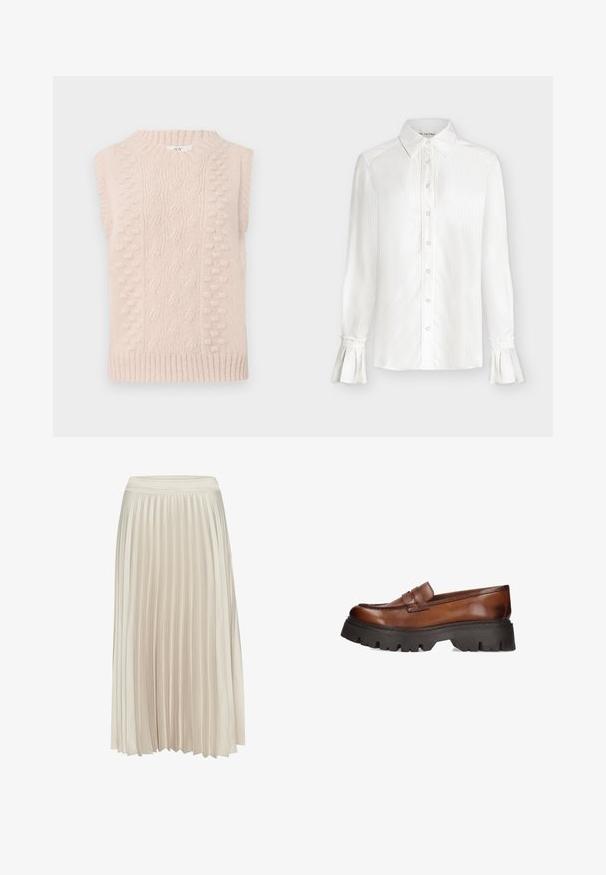 Beige strik vest uden ærmer med kabel- og bobble-stik mønstre samt en ribbet rund hals og kant.; Hvid langærmet bluse med knapper foran, spidst krave, subtile lodrette striber og udslåede manchetter med flæsedetaljer.; Plisseret midi-nederdel i lys beige, lavet af et glat, blødt stof. Har en tætsiddende talje og et svævende design.; Brune læder loafers med en kraftig sort platform sål. Har en rund tå og dekorativt stropdetalje over vamps.