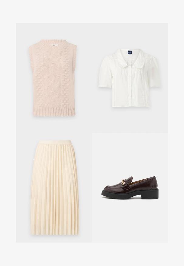 Jersey sin mangas de color beige, tejido, con patrones de punto de cable y pompones, y un cuello redondo ribeteado y dobladillo.; Blusa blanca de manga corta con cuello y cierre de botones, que presenta pliegues verticales sutiles y acentos texturizados a lo largo de los lados.; Falda midi plisada color crema con una cinturilla ajustada, colgando recta contra un fondo liso.; Mocasín de cuero marrón con una hebilla de acento dorado, tacón negro de bloque y una textura suave. La vista lateral muestra la punta redondeada y el detalle de costura.