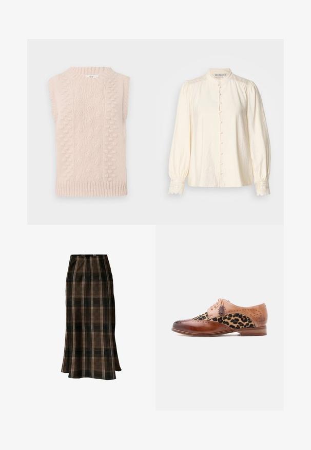 Beige gebreid mouwloos trui met kabel- en bobbelsteek patronen en een geribde ronde halslijn en zoom.; Witte blouse met een hoge kraag, knoopsluiting aan de voorkant en puffmouwen. Heeft kantafwerking op de mouwen en een subtiele textuur in de stof.; Bruin en zwart geruite midirok met een rechte silhouet en subtiele uitlopende zoom op een witte achtergrond.; Bruine leren nette schoen met een paneel van luipaardprintstof, sierlijke perforaties, sierstrikaccenten en een lage houten hak.