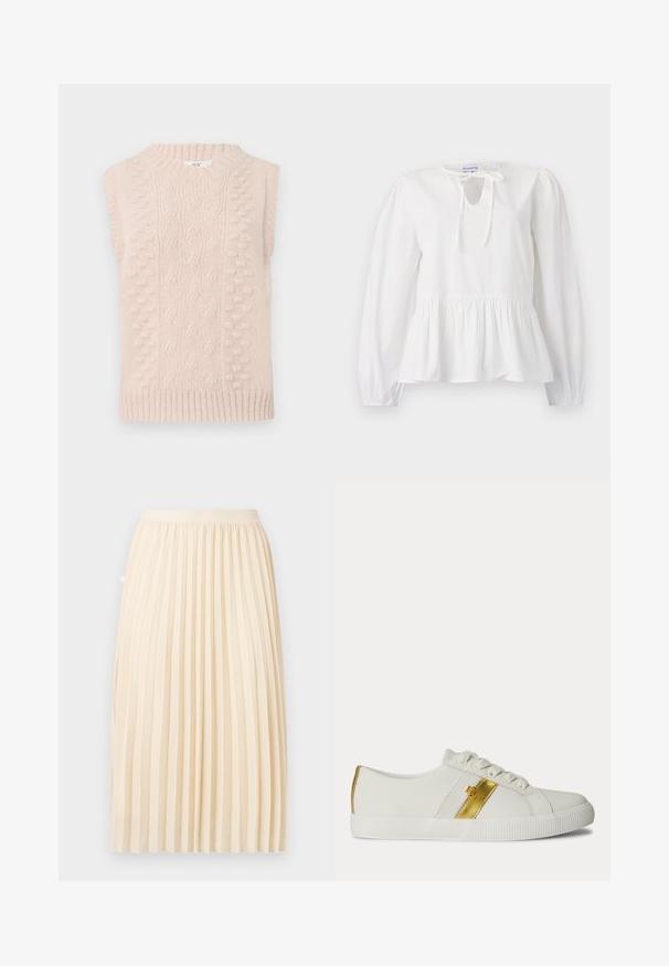 Jersey sin mangas de color beige, tejido, con patrones de punto de cable y pompones, y un cuello redondo ribeteado y dobladillo.; Blusa de algodón blanca con mangas largas, detalle de lazo en el escote y dobladillo peplum fruncido. Textura suave con un ajuste holgado.; Falda midi plisada color crema con una cinturilla ajustada, colgando recta contra un fondo liso.; Zapatilla blanca de corte bajo con cordones blancos, una franja dorada en el lateral y una suela de goma blanca texturizada.