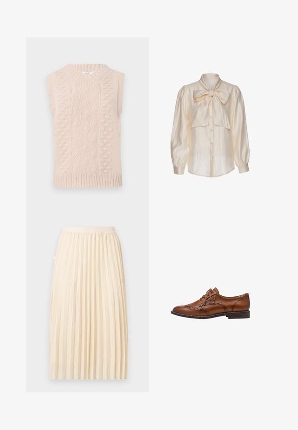 Beige strik vest uden ærmer med kabel- og bobble-stik mønstre samt en ribbet rund hals og kant.; Kremfarvet satinbluse med lange pufærmer, knapper foran og en stor bundet sløjfe ved kraven.; Kremfarvet plisseret midi-nederdel med en tætsiddende talje, hængende lige ned foran en ensfarvet baggrund.; Brun læder brogue oxford sko med vingetip detaljer, perforeringer, snørebånd og lav stablet hæl på hvid baggrund.