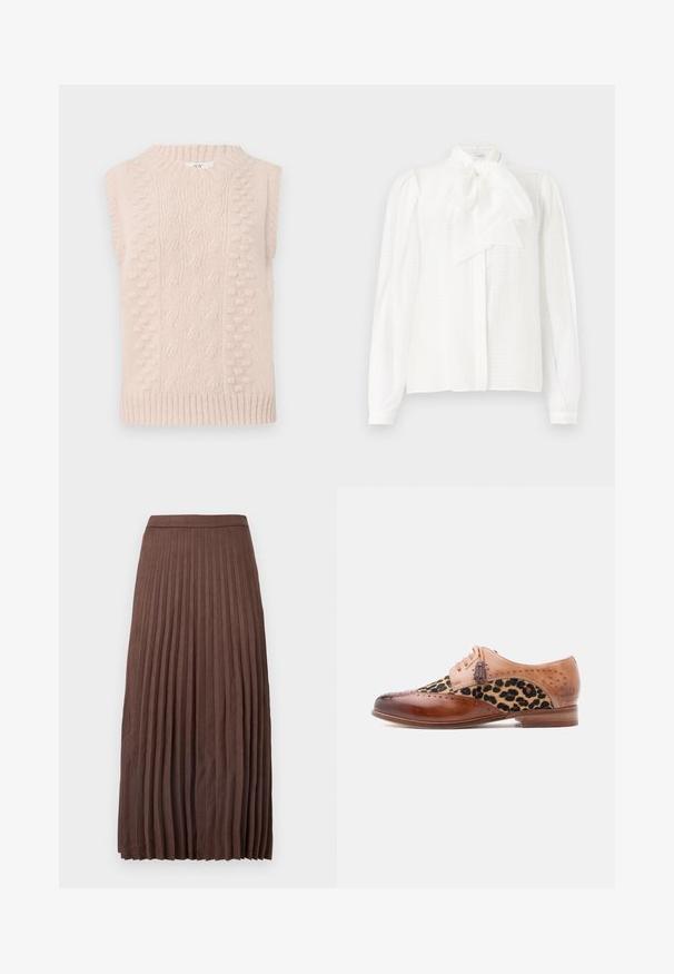 Beige strik vest uden ærmer med kabel- og bobble-stik mønstre samt en ribbet rund hals og kant.; Hvid bluse med høj krave, bånddetalje, lange ærmer med knapmanchetter og et struktureret, stribet stof.; Brun plisseret midi-nederdel lavet af tekstureret stof, med en tætsiddende talje og lodrette plisseringer, der strækker sig fra talje til søm.; Brun lædersko med leopardprintstofpanel, brogue-detaljer, frynse-laces og lavt træhæl.