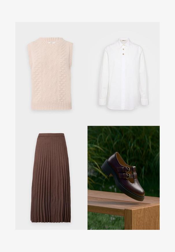 Beige gebreid mouwloos trui met kabel- en bobbelsteek patronen en een geribde ronde halslijn en zoom.; Witte lange mouwen shirt van katoen met een klassieke kraag, voorzien van een knoopsluiting en goudkleurige knopen als accenten.; Bruine plissé midi rok van textiel met een fitted tailleband en verticale plooien die van de taille tot de zoom lopen.; Donkerbruine leren schoen met dubbele gespbanden, geperforeerde details en dikke zwarte zool, hangend boven een houten tafel buiten.