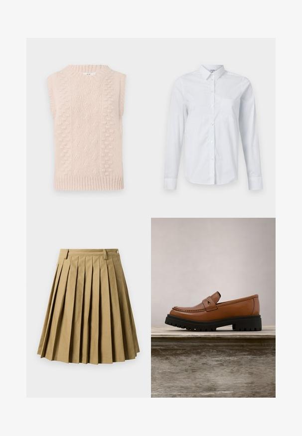 Beige strik vest uden ærmer med kabel- og bobble-stik mønstre samt en ribbet rund hals og kant.; Hvid langærmet skjorte lavet af bomuld, med krave, knaplukning foran og en enkelt brystlomme. Glat tekstur. Ingen mønstre.; Khaki plisseret nederdel lavet af bomuldsblanding, med en tætsiddende talje med bæltesløjfer og en udvidet silhuet, der slutter over knæet.; Brun læderloafer med tyk sort sål svævende over en træoverflade med højt grønt græs i baggrunden.