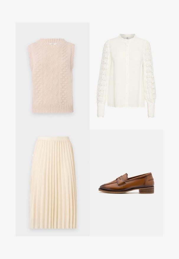 Beige gebreid mouwloos trui met kabel- en bobbelsteek patronen en een geribde ronde halslijn en zoom.; Witte blouse met lange mouwen en complexe kantdetails, een knoopsluiting aan de voorkant en een zachte, gestructureerde stof. Met kraag.; Roomkleurige geplooide midi-rok met een aansluitende tailleband, recht hangend tegen een effen achtergrond.; Bruine leren loafers met een gewoven voorpaneel, ronde neus en lage, gestapelde hak. Glad oppervlak met subtiele stiksels.
