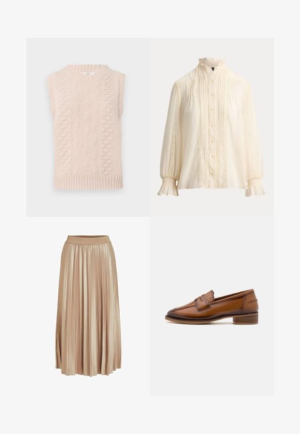 Jersey sin mangas de color beige, tejido, con patrones de punto de cable y pompones, y un cuello redondo ribeteado y dobladillo.; Blusa de manga larga color crema con cuello y puños con volantes, cierre de botones en la parte delantera, pliegues verticales y detalles de encaje.; Falda midi plisada en tejido de satén beige claro. Presenta una cinturilla ancha y elástica y elegantes pliegues verticales a lo largo de toda su longitud.; Mocasines de cuero marrón con un panel frontal tejido texturizado, punta redonda y tacón bajo apilado. Acabado suave con un detalle de costura sutil.