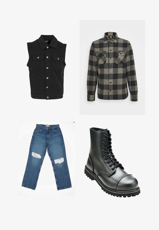 Veste sans manches en denim noir avec col, fermeture par boutons sur le devant et deux poches poitrine boutonnées.; Chemise en flanelle à carreaux noirs et gris, à manches longues, à boutonnière à l'avant, avec deux poches sur la poitrine et un ourlet légèrement arrondi. Tissu texturé.; Jeans en denim bleu clair avec une coupe droite, présentant deux patchs déchirés aux genoux et un style à cinq poches standard.; Botte de combat en cuir noir avec une tige haute, bout rond, laçage sur le devant et semelle en caoutchouc robuste avec un profil de crantage profond pour une meilleure adhérence.