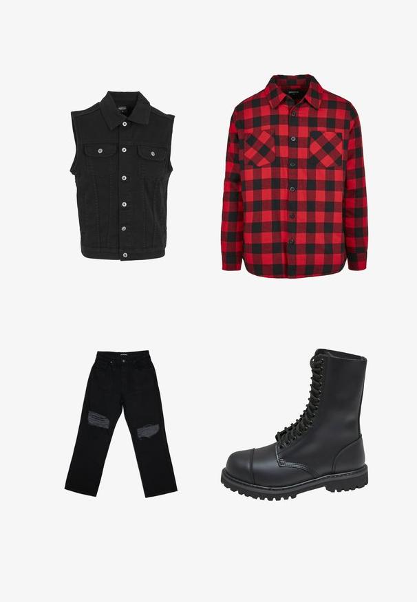 Veste sans manches en denim noir avec col, fermeture par boutons sur le devant et deux poches poitrine boutonnées.; Chemise en flanelle à carreaux rouges et noirs avec un design à boutons, dotée de deux poches poitrine et d'un col. Fabriquée en coton texturé.; Jean denim noir à coupe décontractée, avec deux patchs usés aux genoux. Le tissu présente une texture lisse et une décoloration minimale.; Botte de combat en cuir noir avec un haut tige, fermeture lacée à l'avant, col rembourré et semelle texturée robuste pour une meilleure adhérence. Dotée d'un capuchon de protection renforcé.