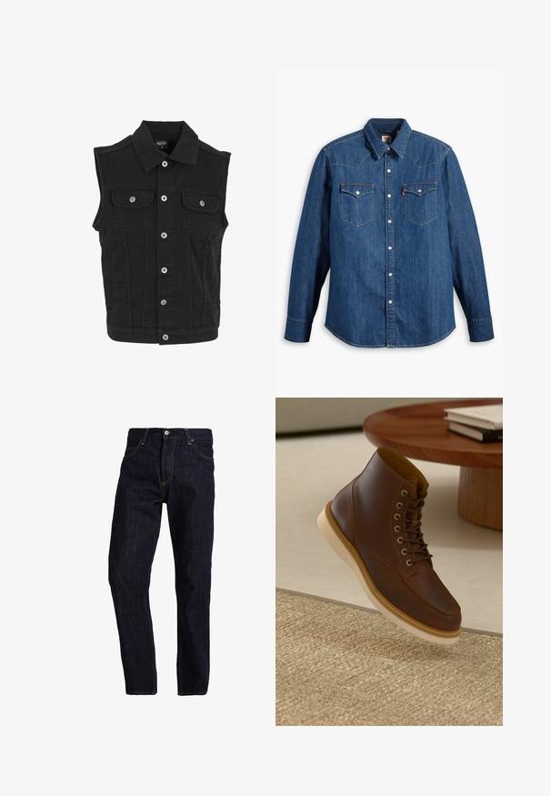 Veste sans manches en denim noir avec col, fermeture par boutons sur le devant et deux poches poitrine boutonnées.; Chemise en denim bleu marine à manches longues, col pointu et boutons-pression. Dispose de deux poches poitrine avec rabats et couture contrastante.; Un jean en denim bleu foncé avec une coupe droite, doté de coutures jaunes, de cinq poches et d'une fermeture à bouton classique avec une fermeture éclair.; Bottine en cuir marron avec semelle beige sur un tapis beige texturé à côté d'une table ronde en bois avec des livres empilés.