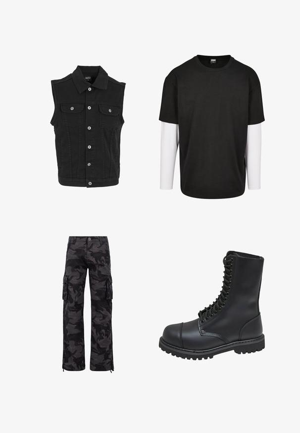 Veste sans manches en denim noir avec col, fermeture par boutons sur le devant et deux poches poitrine boutonnées.; T-shirt noir à manches courtes avec une couche à manches longues blanche en dessous. Fabriqué en coton, avec un col rond et une coupe décontractée.; Pantalons cargo en motif camouflage noir, fabriqués en tissu durable. Comprend plusieurs poches latérales, une coupe droite et des poignets ajustables.; Botte de combat en cuir noir avec un haut tige, fermeture lacée à l'avant, col rembourré et semelle texturée robuste pour une meilleure adhérence. Dotée d'un capuchon de protection renforcé.