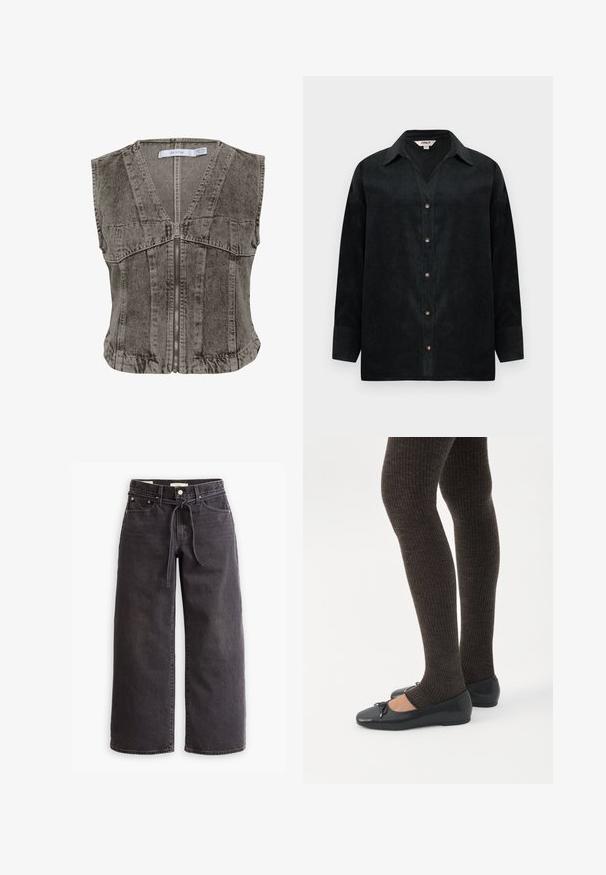 Grijze denim vest met een diepe V-hals en ritssluiting. Heeft een mouwloos ontwerp en gestructureerde naden voor een op maat gemaakte pasvorm.; Zwarte corduroy shirt met V-hals, lange mouwen, knoopsluiting en subtiele textuur. Beschikt over contrasterende knopen en een losse pasvorm.; Zwarte wijde denim jeans met een trekkoord in de taille, vijf zakken en contrasterende stiksels. Platte voorkant.; Benen met donkere geribbelde leggings gecombineerd met zwarte ballerina's met kleine strikdetails op een witte achtergrond.