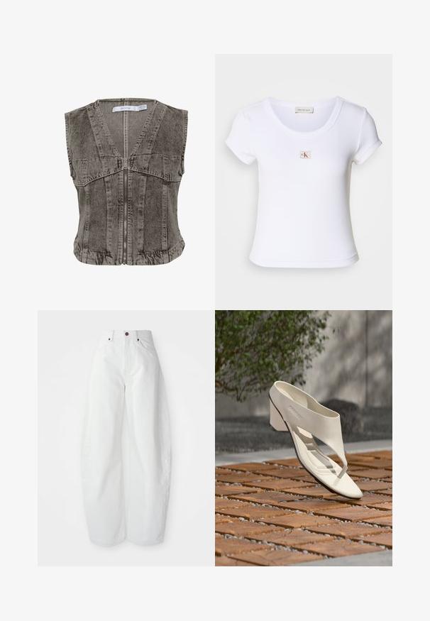 Grå denimvest med dyb V-hals og lynlåsstruktur. Har ærmeløs design og strukturerede sømme for en skræddersyet pasform.; Hvid tætsiddende t-shirt lavet af ribbet stof, med rund halsudskæring og korteærmer. Et lille CK-logo er syet på brystet.; Højtaljede hvide denimbukser med løs pasform. Har en knaplukning, sidelommer og et minimalistisk design. Glat tekstur.; Hvid læderhæl sandal med bred rem og tåpost, vist udendørs på en overflade med træ og grusfliser med grønt i baggrunden.