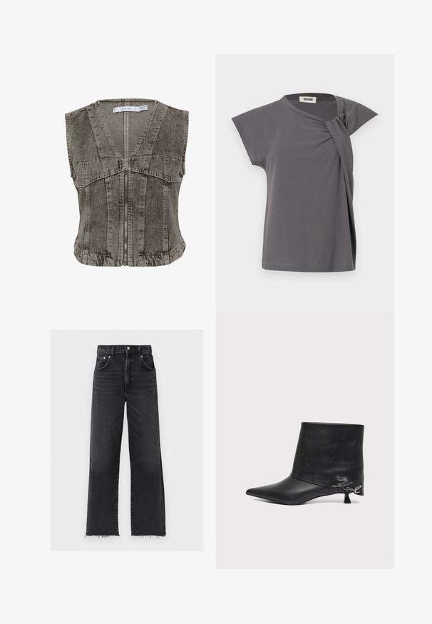 Grå denimvest med dyb V-hals og lynlåsstruktur. Har ærmeløs design og strukturerede sømme for en skræddersyet pasform.; Grå top med korte ærmer og en snoet knudedetalje på skulderen. Lavet af blødt materiale med en afslappet pasform og en rund halsudskæring.; Sorte højtaljede jeans med vidde ben, fem lommer, sølvknap, lynlåslukning og rå frynsekant.; Sort læderankelstøvle med spids tå, kort kittenhæl og sølvfarvet skriftlig detalje nær hælen.