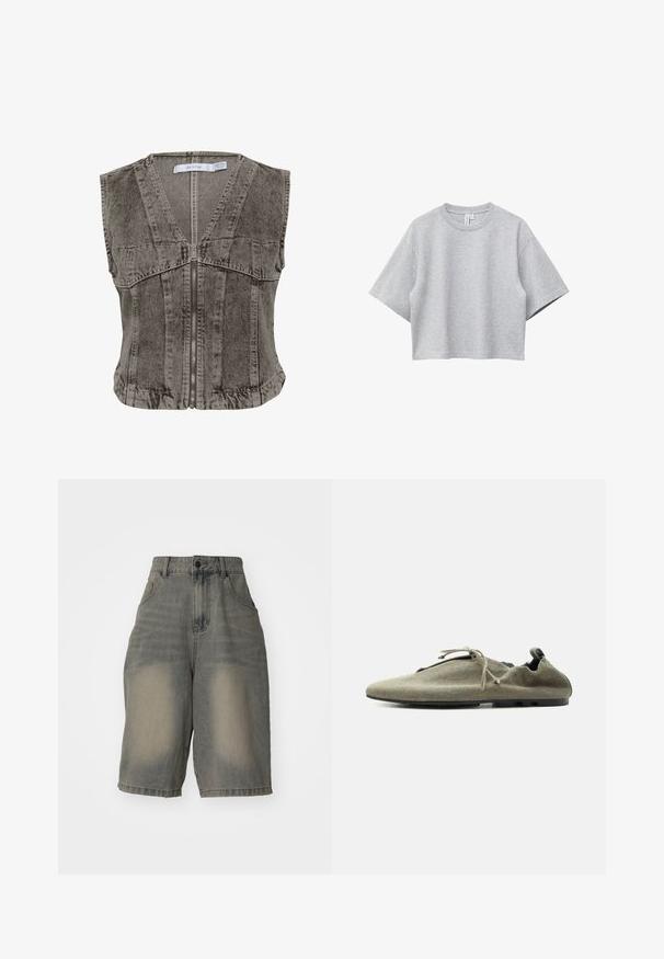 Grå denimvest med dyb V-hals og lynlåsstruktur. Har ærmeløs design og strukturerede sømme for en skræddersyet pasform.; Lysegrå, kortærmet, cropped t-shirt med rund hals og afslappet pasform, vist på en hvid baggrund.; Jaded London LIGHT WASH JUMBO JORTS - Denimshorts - light wash; Lys olivengrøn blød stofsko med tynd sål og snørre, vist i siddeprofil på ensfarvet hvid baggrund.