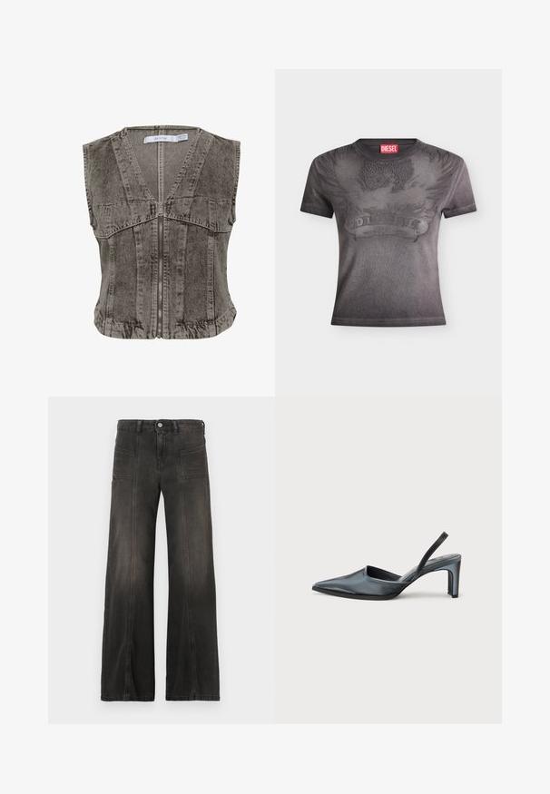 Grå denimvest med dyb V-hals og lynlåsstruktur. Har ærmeløs design og strukturerede sømme for en skræddersyet pasform.; Sort Diesel T-shirt med korte ærmer med præget ørn og flamme design og et rødt Diesel logo mærke ved halsudskæringen.; Sort denim i brede ben med en falmet finish, med to forlommer og syede detaljer langs sømmene. Høj talje.; Sort slingback-hæl med spids tå, slank satinfinish og en slank hæl på 3 tommer. Åben sidedesign med minimal syningsdetalje.