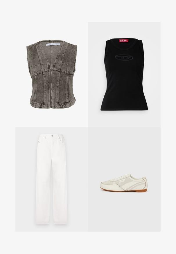 Grijze denim vest met een diepe V-hals en ritssluiting. Heeft een mouwloos ontwerp en gestructureerde naden voor een op maat gemaakte pasvorm.; Zwarte mouwloze tanktop van zacht katoen, met een subtiele reliëflogo in het midden en een rood merklabel in de nek.; Witte katoenen wijde broek met een klassiek vijf-pocketontwerp en een metalen knoopsluiting, met subtiele stikdetails.; Witte sneakers met een mix van gestructureerde materialen, voorzien van een zigzagsteekpatroon, zijstrepen en een bruine rubberen zool.