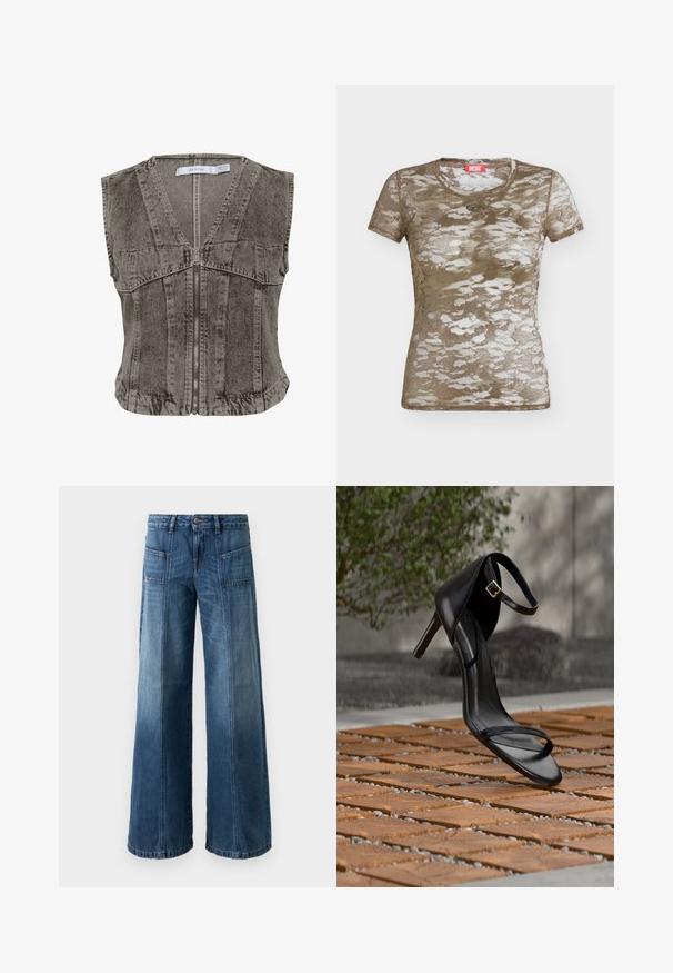 Grijze denim vest met een diepe V-hals en ritssluiting. Heeft een mouwloos ontwerp en gestructureerde naden voor een op maat gemaakte pasvorm.; Korte mouw, aansluitend mesh t-shirt in bruin camouflagepatroon met een kleine Diesel logo patch onder de kraag, weergegeven op een effen achtergrond.; Wijd been jeans in een vervaagde blauwe denim. Voorzien van vijf zakken, een knoop- en ritssluiting, met zichtbare stiksels en een losse pasvorm.; Zwarte hoge hak sandaal met enkelbandje zweeft boven een houten tegelvloer buiten, met een onscherpe groene en stenen achtergrond.