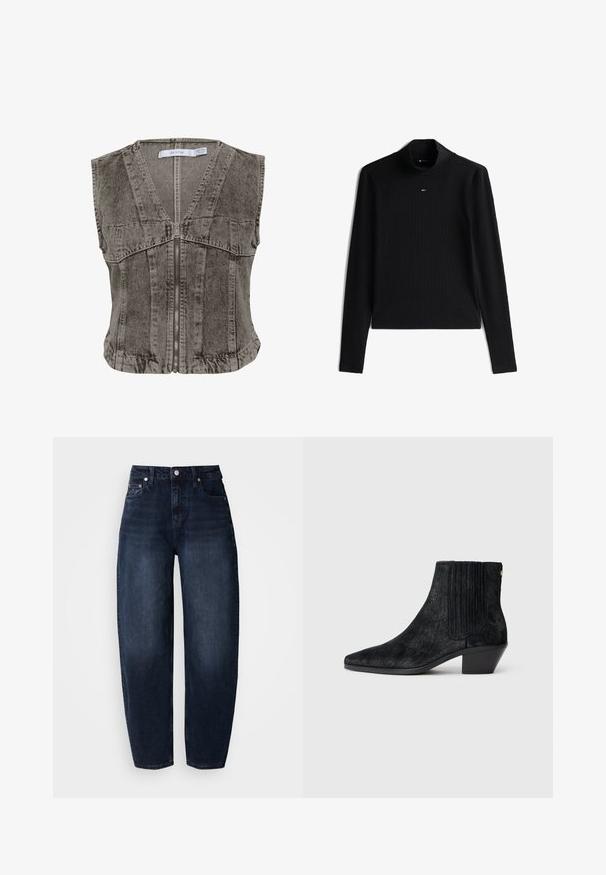 Grau denim Weste mit tiefem V-Ausschnitt und Reißverschluss. Sie verfügt über ein ärmelloses Design und strukturierte Nähte für eine taillierte Passform.; Schwarzes, langärmliges, geripptes Rollkragen-Shirt mit kleinem rot-weiß-blauem Logo, zentriert unter dem Kragen.; Dunkelblaue Jeans aus Denim mit lockerem Schnitt, ausgestattet mit hoher Taille, geradem Bein und klassischem Fünf-Taschen-Design.; Schwarze Knöchelstiefel mit spitzem Zehen, strukturiertem haarähnlichem Material, geripptem Seitenpaneel und niedrigem Blockabsatz. Schlichtes und modernes Design.