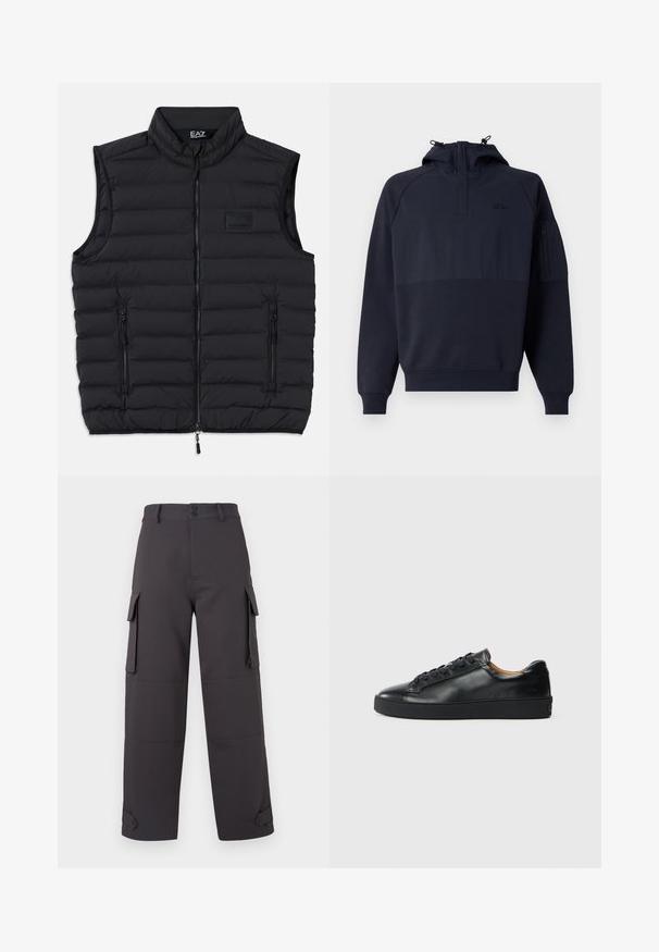 Schwarze Steppweste mit hohem Kragen, Frontreißverschluss und zwei seitlichen Reißverschlusstaschen. Hergestellt aus leichtem, gesteppetem Material.; Marineblauer Kapuzenpullover mit halbem Reißverschluss, ausgestattet mit einer Kängurutasche und einer Reißverschlusstasche am Ärmel. Hergestellt aus einem weichen, strukturierten Stoff.; Cargo-Hosen in Dunkelgrau, aus einem glatten Stoff gefertigt, mit zwei seitlichen Taschen und Knopfverschlüssen. Lockere Passform mit umgeschlagenen Säumen.; Schwarze Leder-Sneaker mit glatter Textur, runder Zehenpartie und Schnürverschluss. Verfügt über eine dicke Gummisohle und minimalistische Marken-Details.