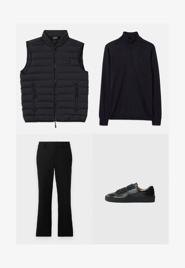 Sort puffer-vest med høj krave, frontlynlås og to lynlåslommer på siden. Fremstillet af quiltet, letvægtsmateriale.; Sort langærmet sweater med ribbet høj krave og halv lynlås, med et subtilt logo på venstre bryst.; Sorte flagrende bukser lavet af en blanding af bomuldsstof, med knaplukning, bælteløkker og en glat tekstur uden synlige mønstre.; Sorte lædersneakers med en glat overflade, rund tå og snørebåndslukning. Har en tyk gummisål og minimal branddetalje.