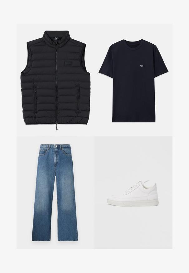 Zwarte puffer vest met hoge kraag, ritssluiting aan de voorkant en twee zijzakken met rits. Gemaakt van gewatteerd, lichtgewicht materiaal.; Navyblauwe katoenen t-shirt met korte mouwen en een ronde hals. Heeft een klein wit "A|X" logo op de linkerkant van de borst.; Lange blauwe denim jeans met een klassiek vijf-pocket ontwerp, voor sluiting met een knoop en een lichte vervaging voor textuur.; Witte leren sneaker met een afgeronde neus, platte zool en veters aan de voorkant. Voorzien van stikseldetails en een gevoerde kraag voor comfort.