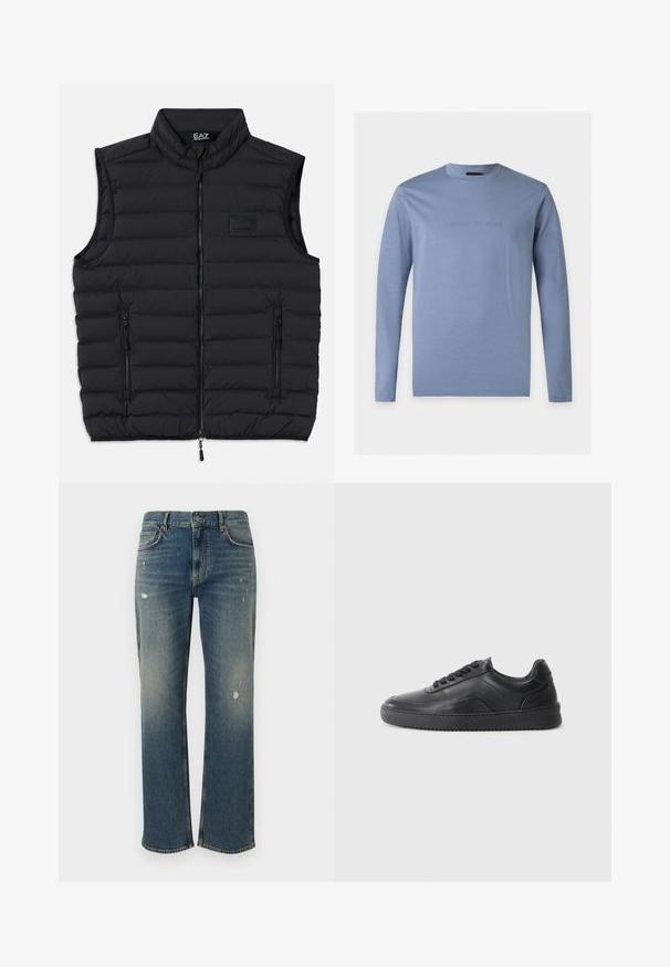 Schwarze Steppweste mit hohem Kragen, Frontreißverschluss und zwei seitlichen Reißverschlusstaschen. Hergestellt aus leichtem, gesteppetem Material.; Hellblaues Langarmshirt mit Rundhalsausschnitt und geprägtem Emporio Armani-Logo mittig auf der Brust vor weißem Hintergrund.; Dunkelblaue Denim-Jeans mit geradem Schnitt, die leichte Auswaschungen und abgenutzte Stellen aufweisen. Klassisches Fünf-Taschen-Design und Knopfverschluss.; Schwarze Leder-Sneaker mit glatter Oberfläche, abgerundeter Zehenpartie, strukturiertem Seitenpaneel und schwarzen Schnürsenkeln. Verfügt über eine flache Gummisohle und ein minimalistisches Design.