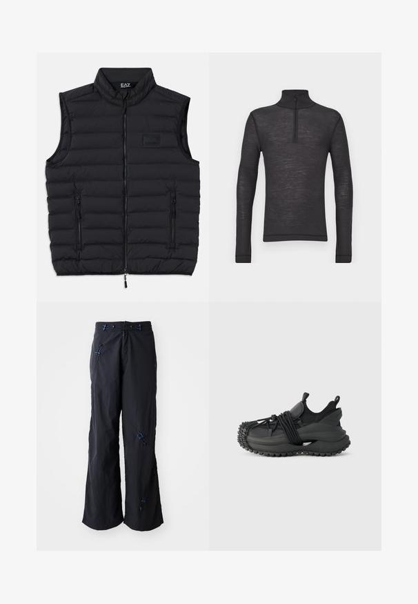 Sort puffer-vest med høj krave, frontlynlås og to lynlåslommer på siden. Fremstillet af quiltet, letvægtsmateriale.; Sorte langærmede turtleneck skjorte lavet af et tekstureret stof, med en halvlåzipper ved kraven og tætsiddende ærmer.; Sorte, lette bukser med vidde og struktureret overflade. Har blå detaljer og justerbare toggles. Lynlåslukning.; Emporio Armani Sneakers - black