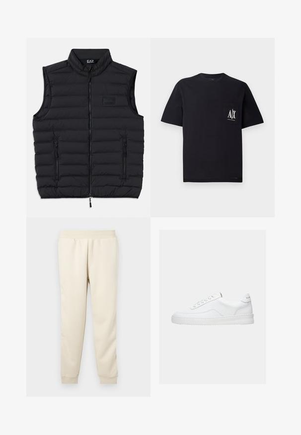 Sort puffer-vest med høj krave, frontlynlås og to lynlåslommer på siden. Fremstillet af quiltet, letvægtsmateriale.; Sort bomulds T-shirt med rund hals og korte ærmer. Har en brystlomme med hvidt "A/X"-logo. Glat tekstur, afslappet pasform.; Lys beige sweatpants lavet af blødt materiale med en tætsiddende design, elastisk talje og manchetter ved anklerne. Ingen synlige mønstre eller accenter.; Hvid lavt sneaker med snørelukning, glat læderoverdel og tyk sål, vist fra siden på en ensfarvet baggrund.