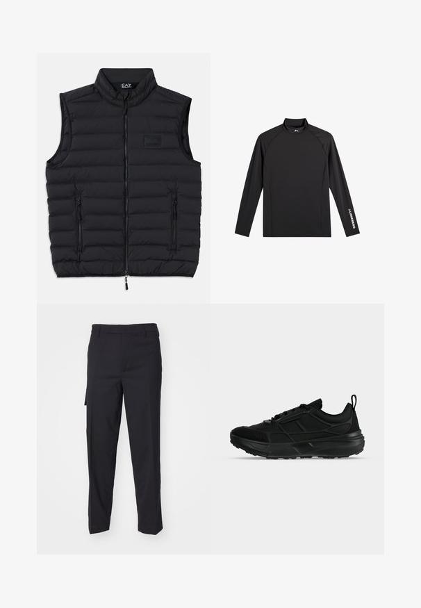 Schwarze Steppweste mit hohem Kragen, Frontreißverschluss und zwei seitlichen Reißverschlusstaschen. Hergestellt aus leichtem, gesteppetem Material.; Schwarzes Langarm-Sportoberteil mit Stehkragen, schlanker Passform und weißem "J.Lindeberg"-Logo am linken Ärmel und Kragen.; Schwarze Hose aus einem glatten, gewebten Stoff. Sie hat einen geraden Schnitt, eine schmale Passform, Gürtelschlaufen und eine Seitentasche.; Schwarzer sportlicher Sneaker mit Mesh- und synthetischem Obermaterial, Schnürverschluss, gepolstertem Kragen und dicker Gummisohle, seitlich dargestellt.