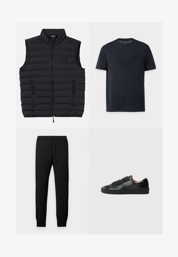 Zwarte puffer vest met hoge kraag, ritssluiting aan de voorkant en twee zijzakken met rits. Gemaakt van gewatteerd, lichtgewicht materiaal.; Zwart T-shirt met korte mouwen en ronde hals, met een subtiel reliëf adelaarlogo op de borst en een merklapje binnenin de kraag.; Zwarte joggerbroek met een taillekoord, elastische boorden, zijzakken en satijnen streepaccenten langs de buitennaad.; Zwarte leren sneaker met een gladde textuur, ronde neus en vetersluiting. Heeft een dikke rubberen zool en minimale merkaanpassing.
