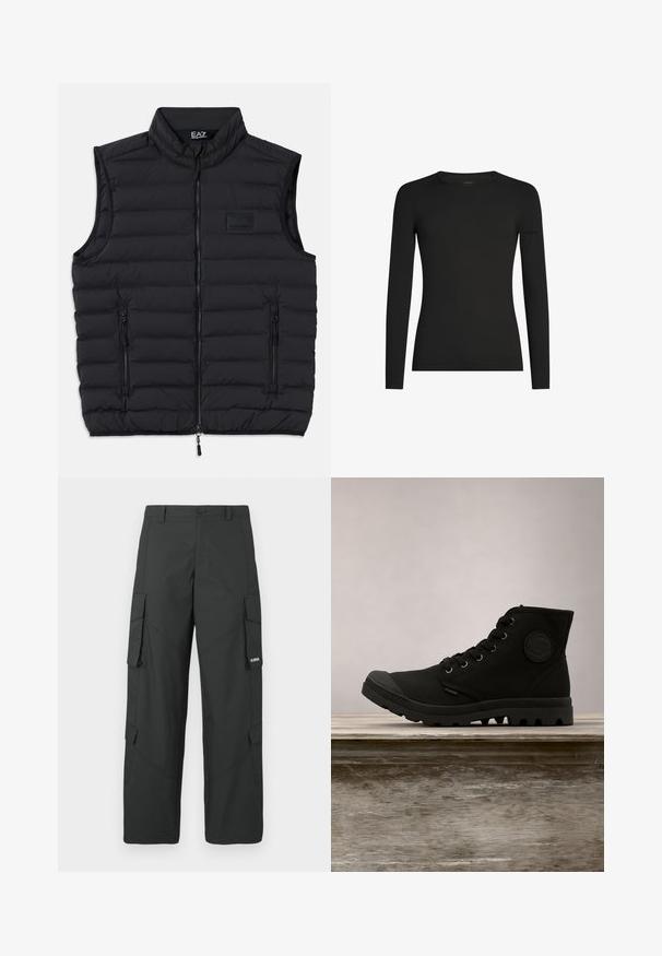 Sort puffer-vest med høj krave, frontlynlås og to lynlåslommer på siden. Fremstillet af quiltet, letvægtsmateriale.; Sort, tætsiddende langærmet T-shirt med rund hals og et diskret Icebreaker-logo på venstre ærme, vist på en hvid baggrund.; Sorte straight-leg cargo bukser med sidelommer med klap, knaplukning, bæltestropper og et lille hvidt logo på klappen af højre lomme.; Sorte høj-top sko med et kanvas ydre, gummitåhætte og tekstureret sål. Har metaløjer og en cirkulær logo detalje på siden.