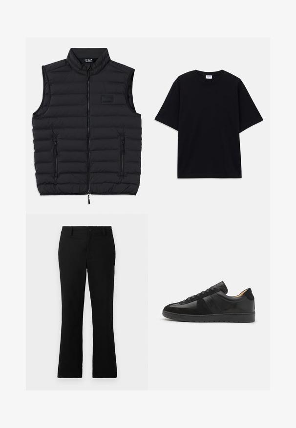Schwarze Steppweste mit hohem Kragen, Frontreißverschluss und zwei seitlichen Reißverschlusstaschen. Hergestellt aus leichtem, gesteppetem Material.; Schwarzes, oversized T-Shirt mit kurzen Ärmeln und rundem Ausschnitt, mit sichtbarem Filippa K Markenlabel im Kragen.; Schwarze, weit geschnittene Hosen aus einem Baumwollgemisch, mit einem Knopfverschluss, Gürtelschlaufen und einer glatten Textur ohne sichtbare Muster.; Tiger of Sweden BELLICU - Sneaker low - black